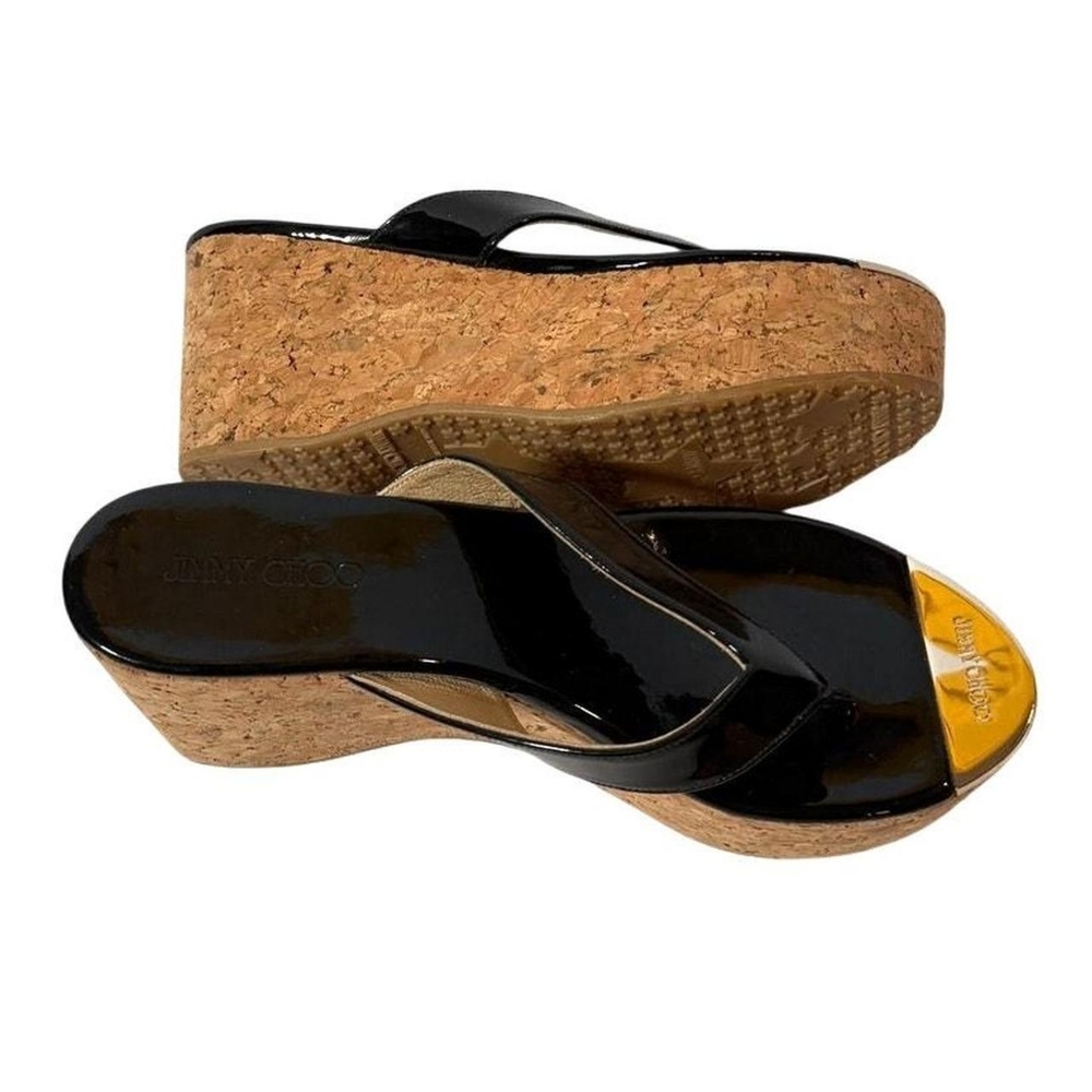 Jimmy Choo Women's Black and Tan Patent Leather Cork Wedge Sandals